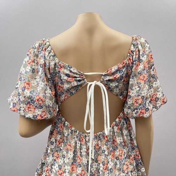 MINKINK Arve Floral Puff Sleeve Mini Dress Open Back Tie Detail Square Neck S - Picture 6 of 12